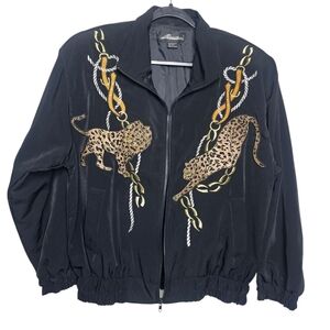 Vintage Elegant Black Bomber Jacket with Animal Print